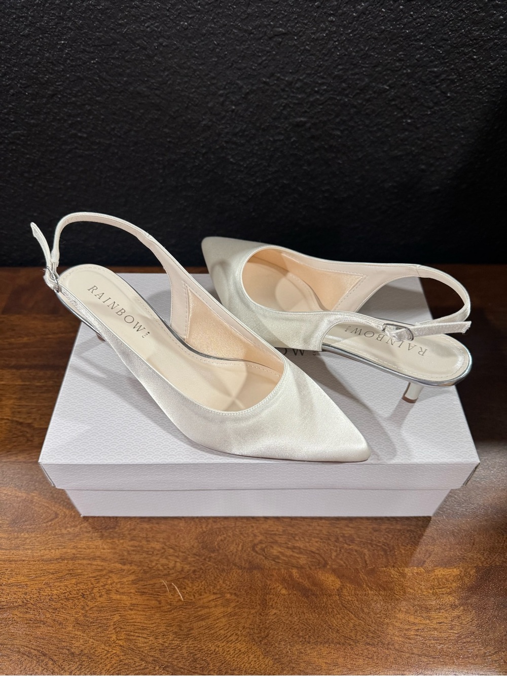 Rainbow Ivory Satin Pointed-Toe Slingback Heels